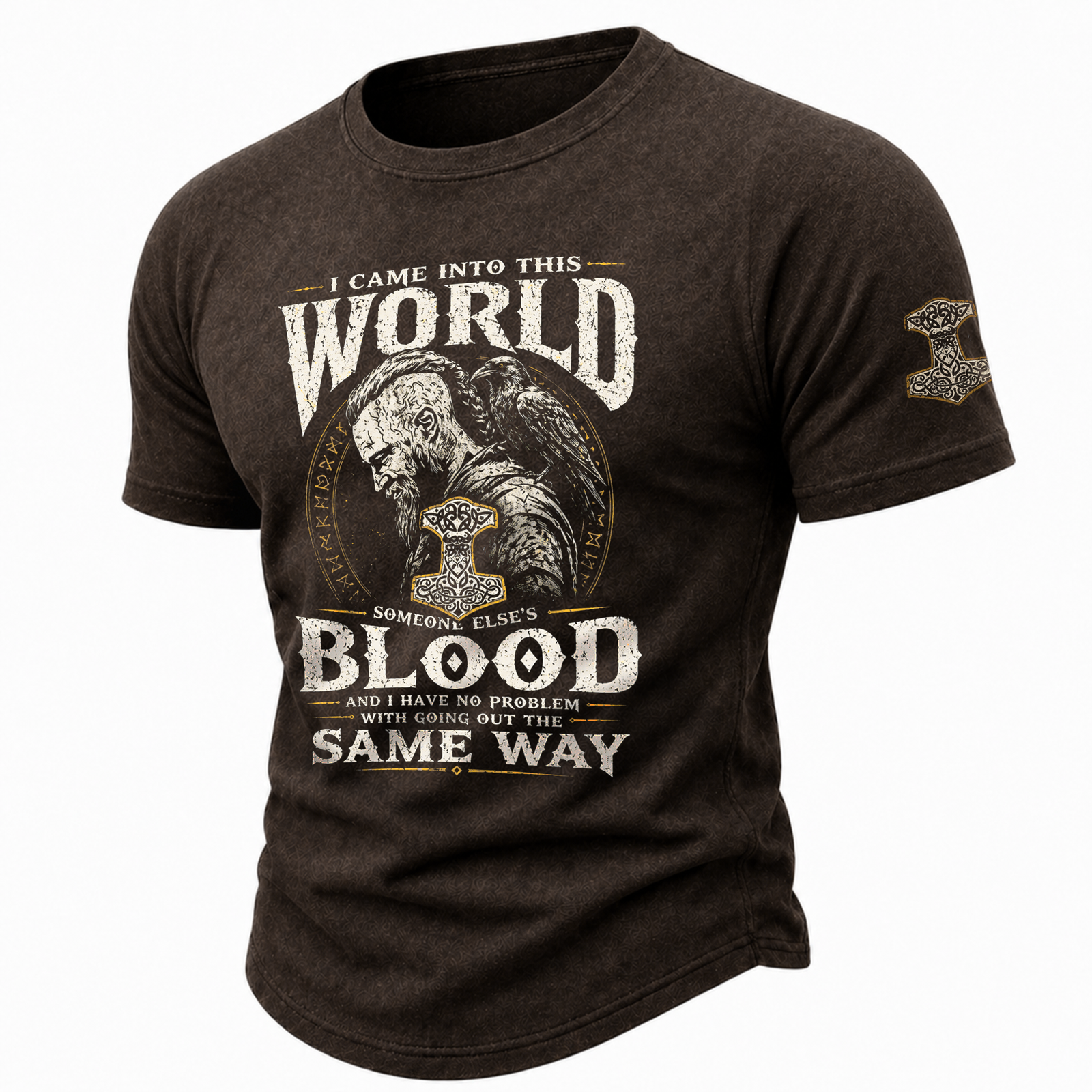 Men's Viking Warrior Mjolnir Graphic T-Shirt - Vintage Brown Short Sleeve Quote Tee