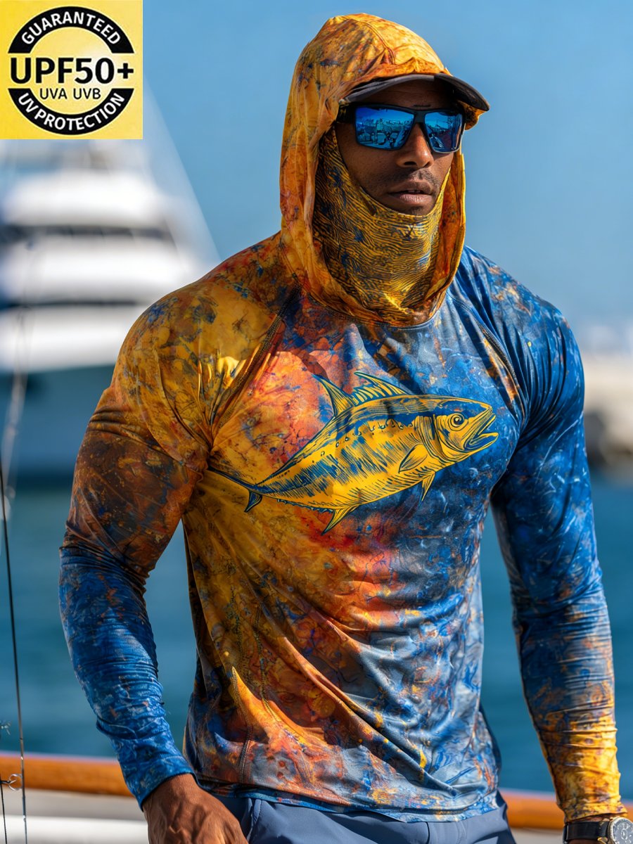 Men's Outdoor Sun Protection Breathable Cool Face Mask Hooded Printed Long-Sleeved Top