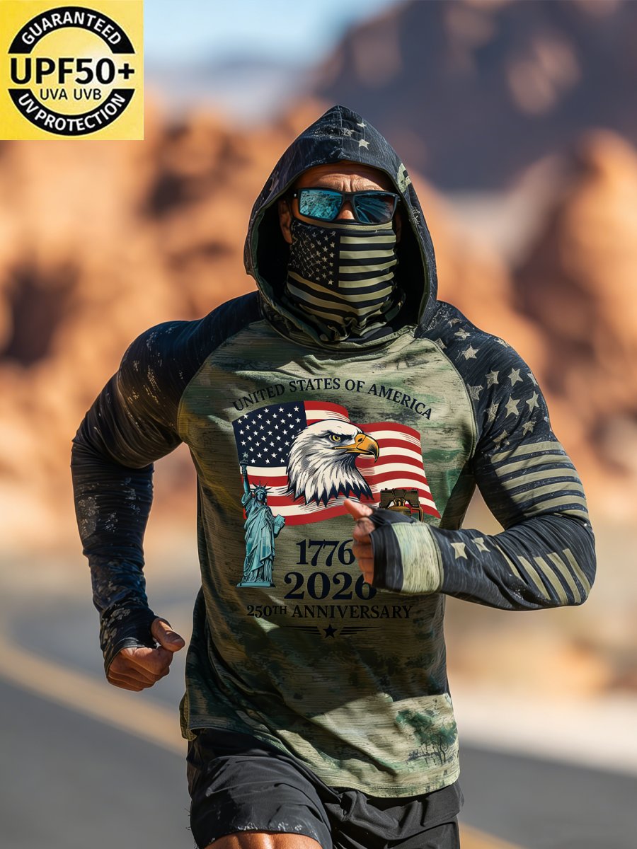 Men's Outdoor Sun Protection Breathable Cool Face Mask Hooded Printed Long-Sleeved Top