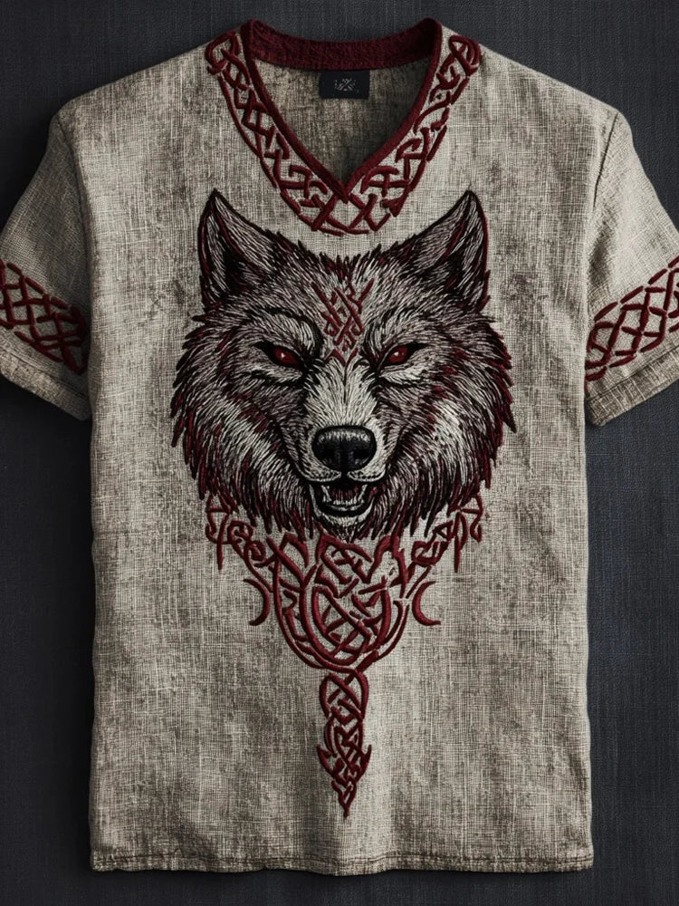 Men's Viking Art Print Pattern Wolf Knot Tribal Linen T-shirt