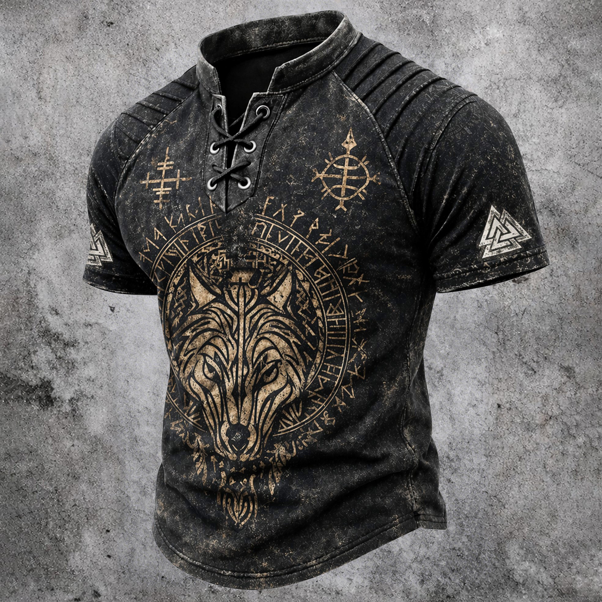Men's Viking Wolf Runic Print Henley T-Shirt - Distressed Black Lace-Up Short Sleeve Top