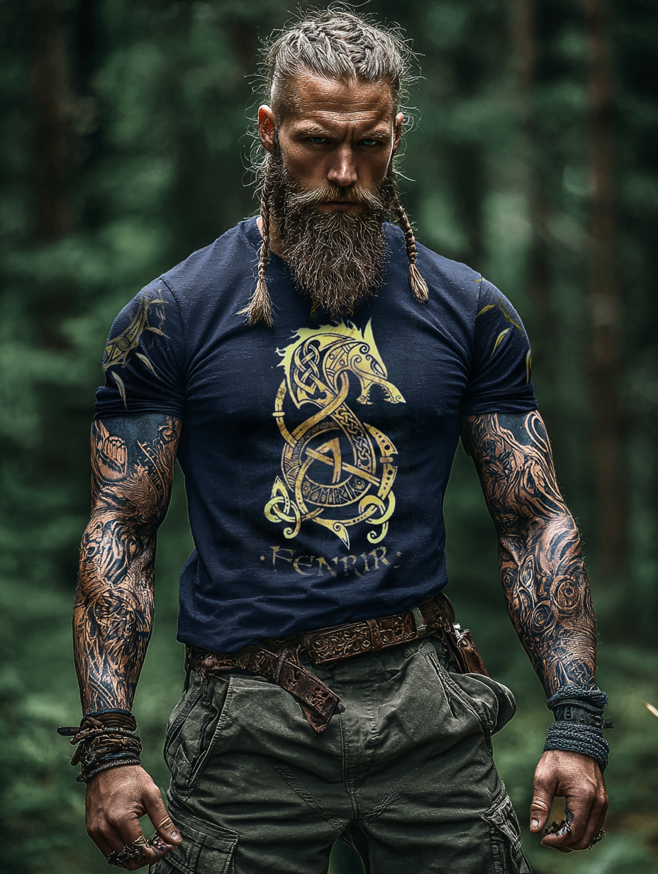 Men's Viking Nordic Fenrir Totem Rune Retro Shirt