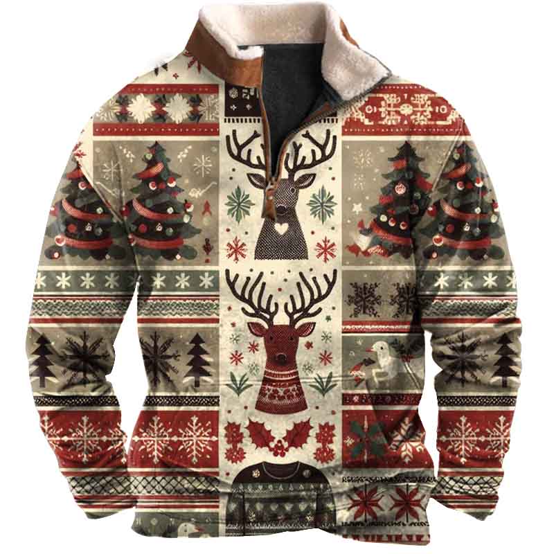 Men's Vintage Christmas Tree Elk Print Fleece Collar Quarter Zip Stand Collar Sweatshirt