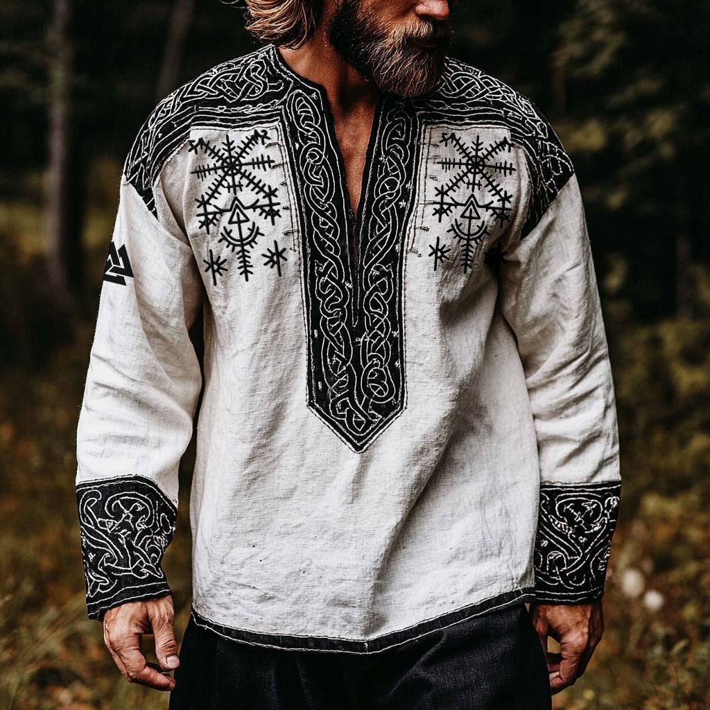 Traditional Rune Celtic Knot Printed Cotton-Linen Distressed Shirt