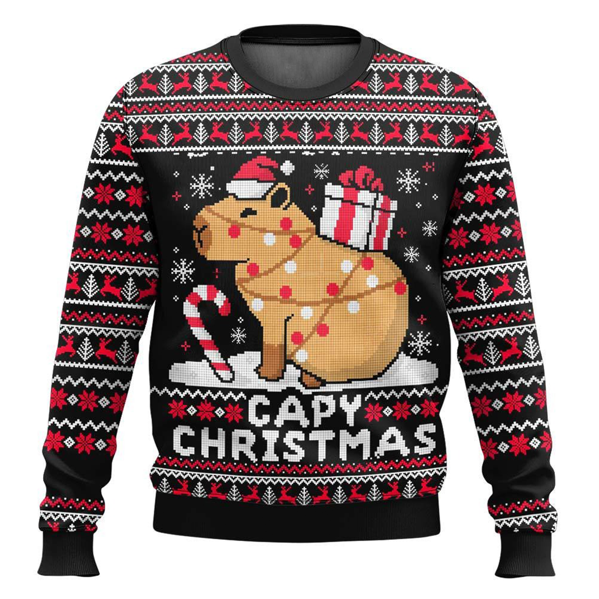 Unisex Capybara Print Crew Neck Ugly Christmas Sweatshirt