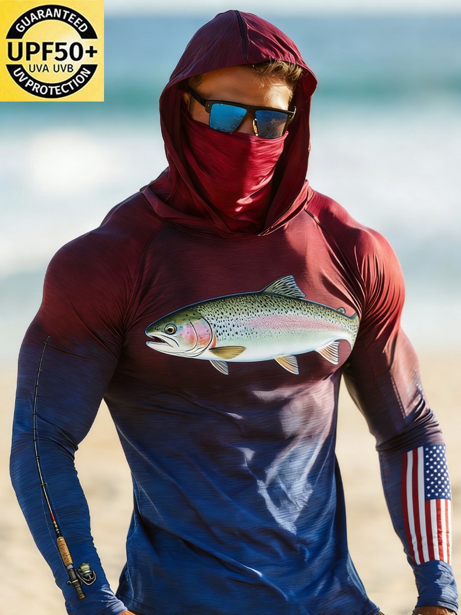 Men's Outdoor Sun Protection Breathable Cool Face Mask Hooded Printed Long-Sleeved Top