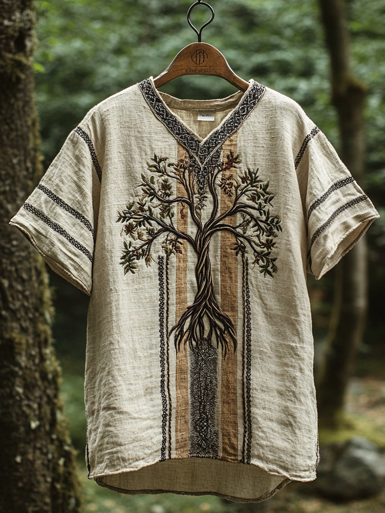 Men's Viking Art Print Pattern Knot Tribal Tree Of Life Linen T-shirt