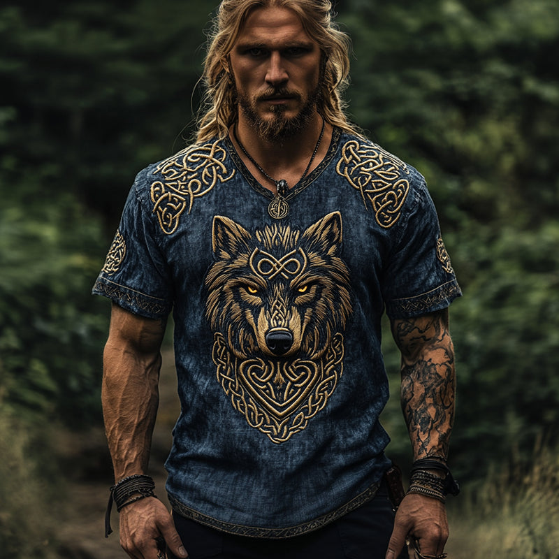 Men's Viking Tribal Knot Art Wolf Pattern Round Neck Linen T-Shirt