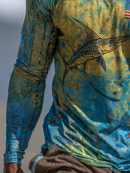 Men's Outdoor Sun Protection Breathable Cool Face Mask Hooded Printed Long-Sleeved Top