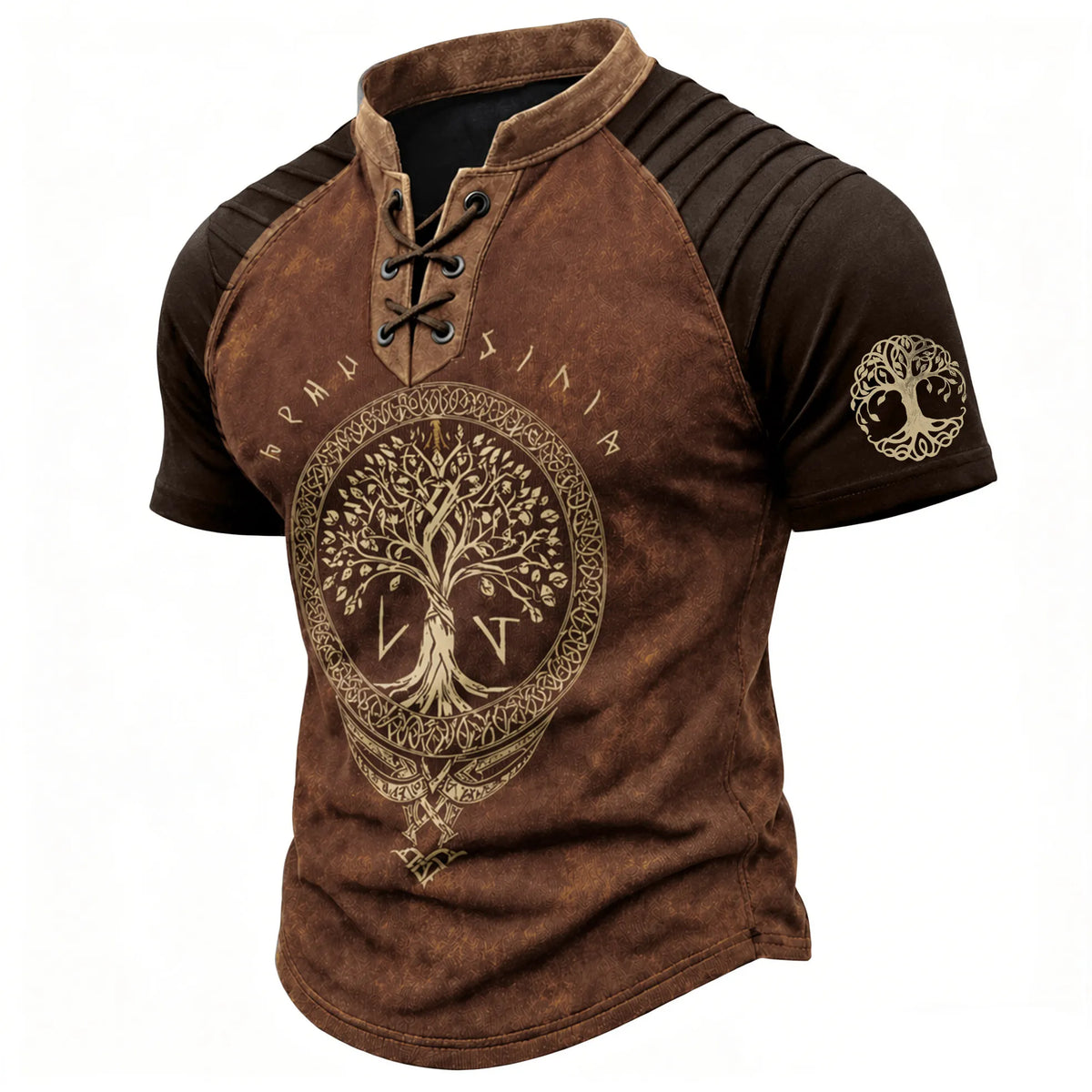 Men's Tree of Life Print Short Sleeve Henley T-Shirt - Viking Distressed Casual Top