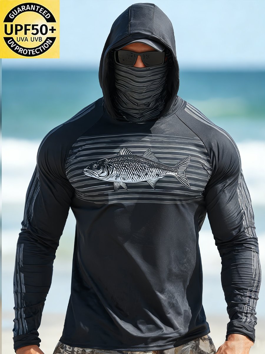 Men's Outdoor Sun Protection Breathable Cool Face Mask Hooded Printed Long-Sleeved Top