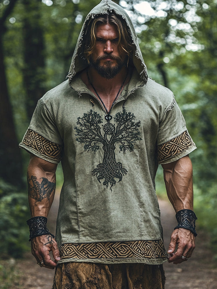 Men's Print Tree Of Life Tribal Jacquard Inspired Short Sleeve Hoodie