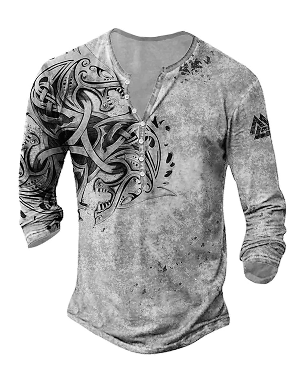 Men's Open Plate Seven Button T-shirt Vintage Viking Graphic Print Men's Long Sleeve T-shirt