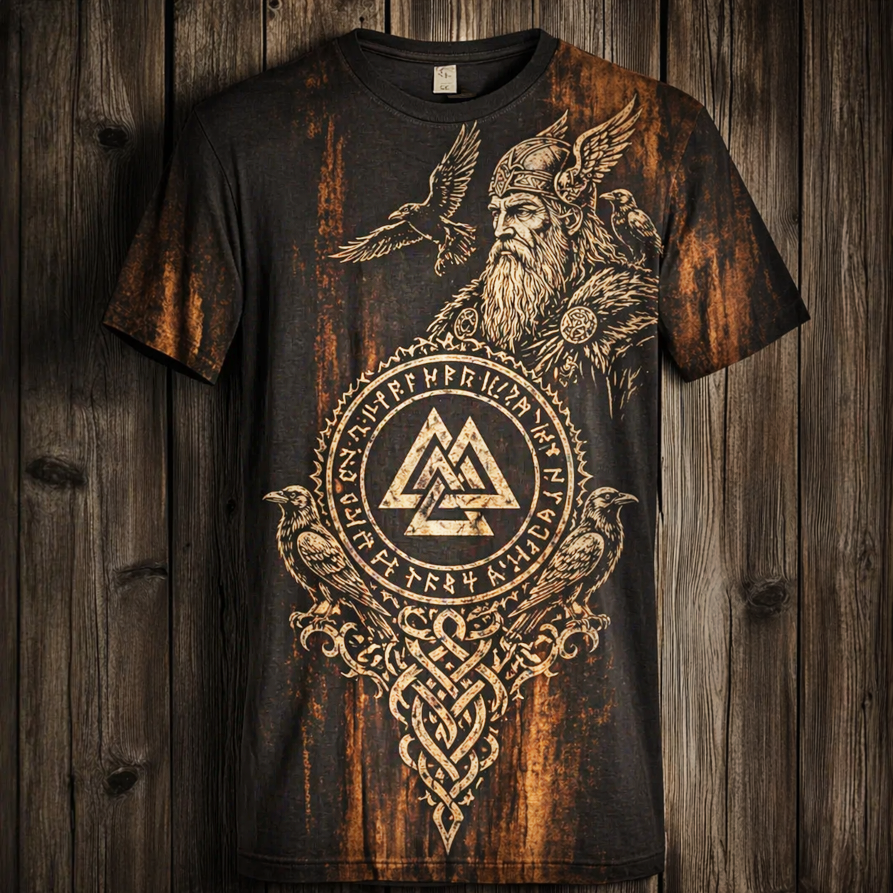 Unisex Viking Odin Ravens Valknut Graphic T-Shirt - Norse Mythology Distressed Tee