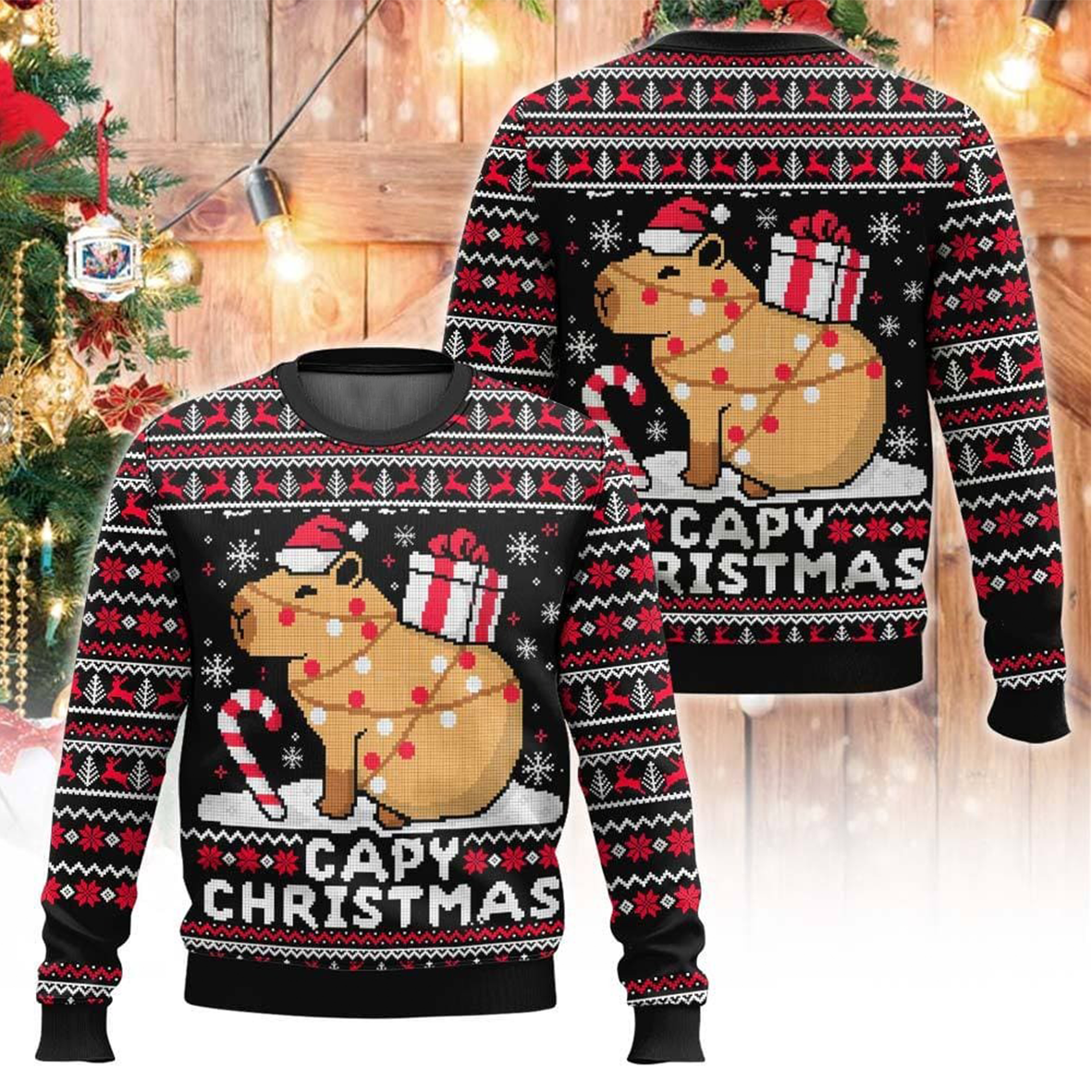 Unisex Capybara Print Crew Neck Ugly Christmas Sweatshirt