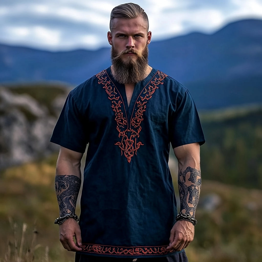Men's Viking Tree Of Life Tribal Art Linen T-shirt