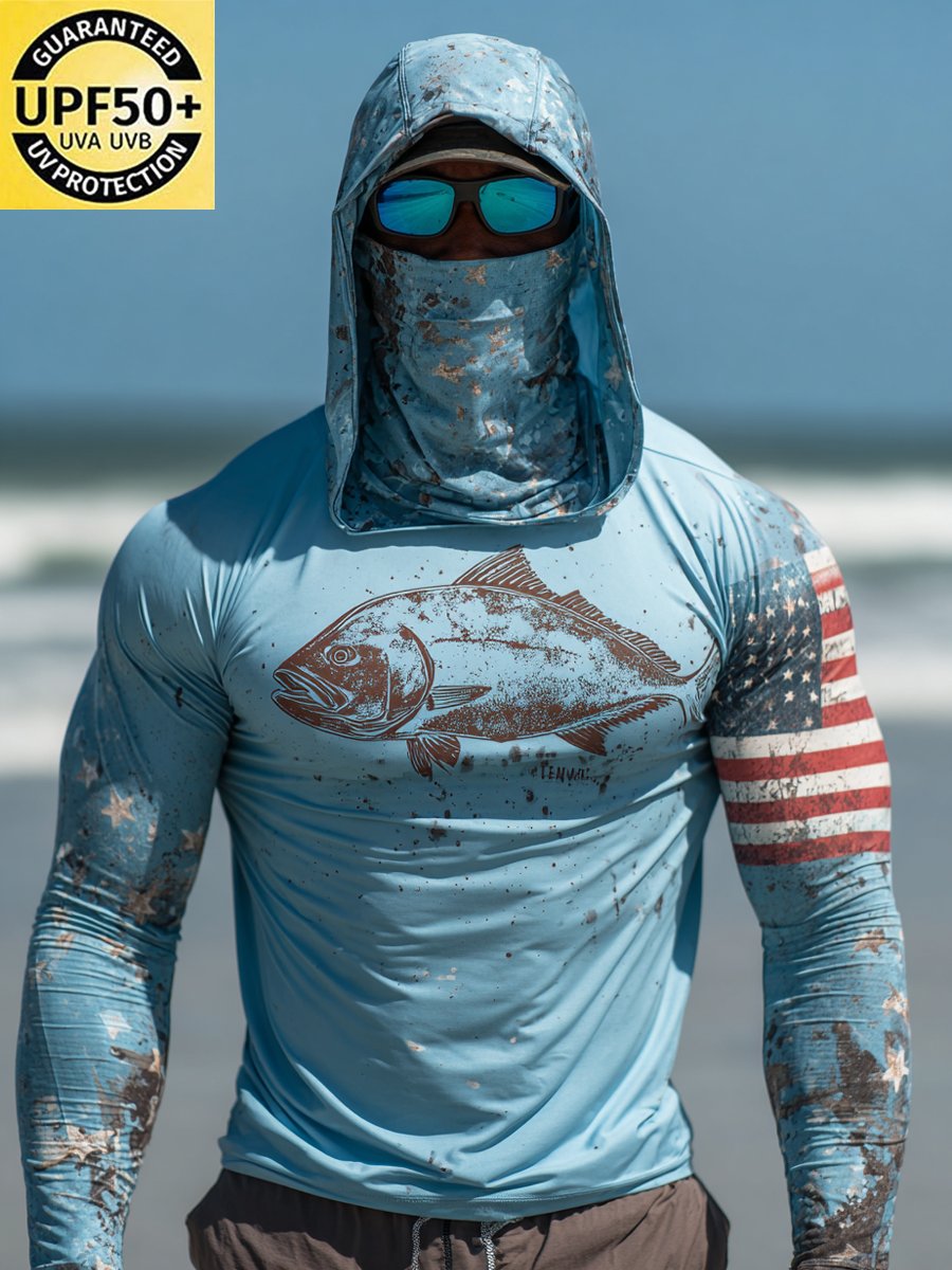 Men's Outdoor Sun Protection Breathable Cool Face Mask Hooded Printed Long-Sleeved Top