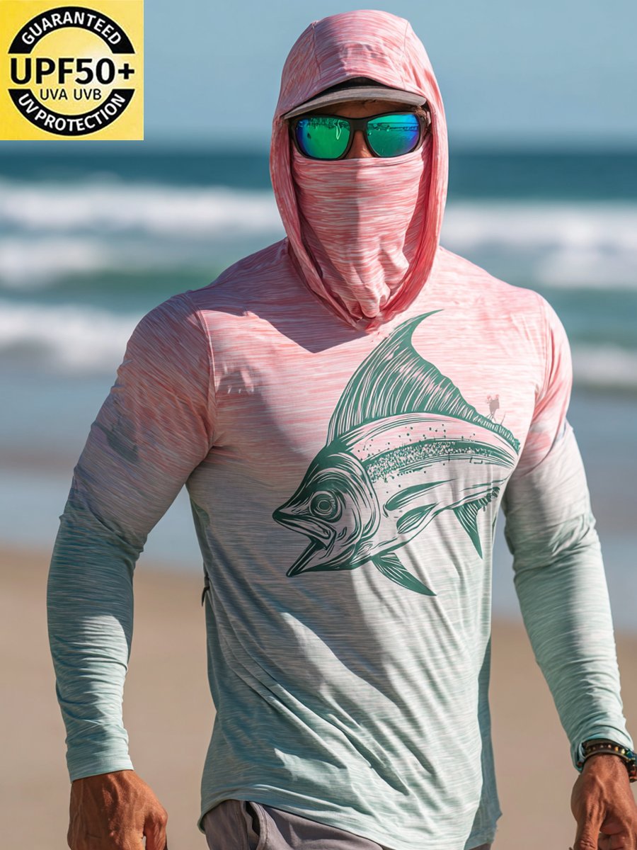 Men's Outdoor Sun Protection Breathable Cool Face Mask Hooded Printed Long-Sleeved Top