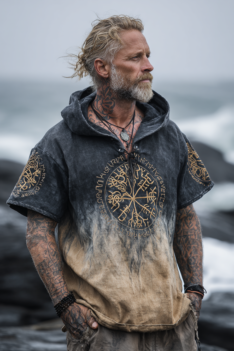 Men's Print Viking Inspired Rune Gradient Celtic Knot Pattern Short Sleeve Hoodie