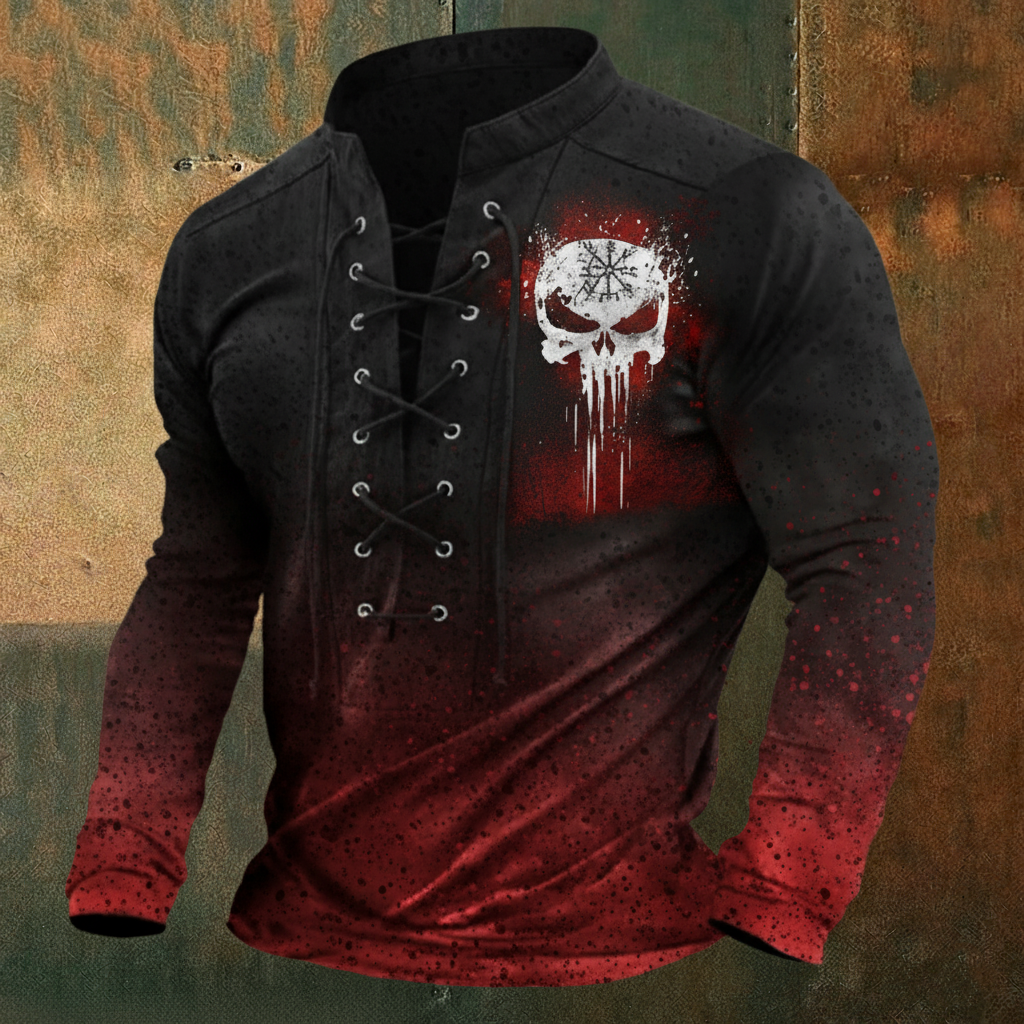 Nordic Viking Style Blood Skull Casual Long-Sleeve Shirt