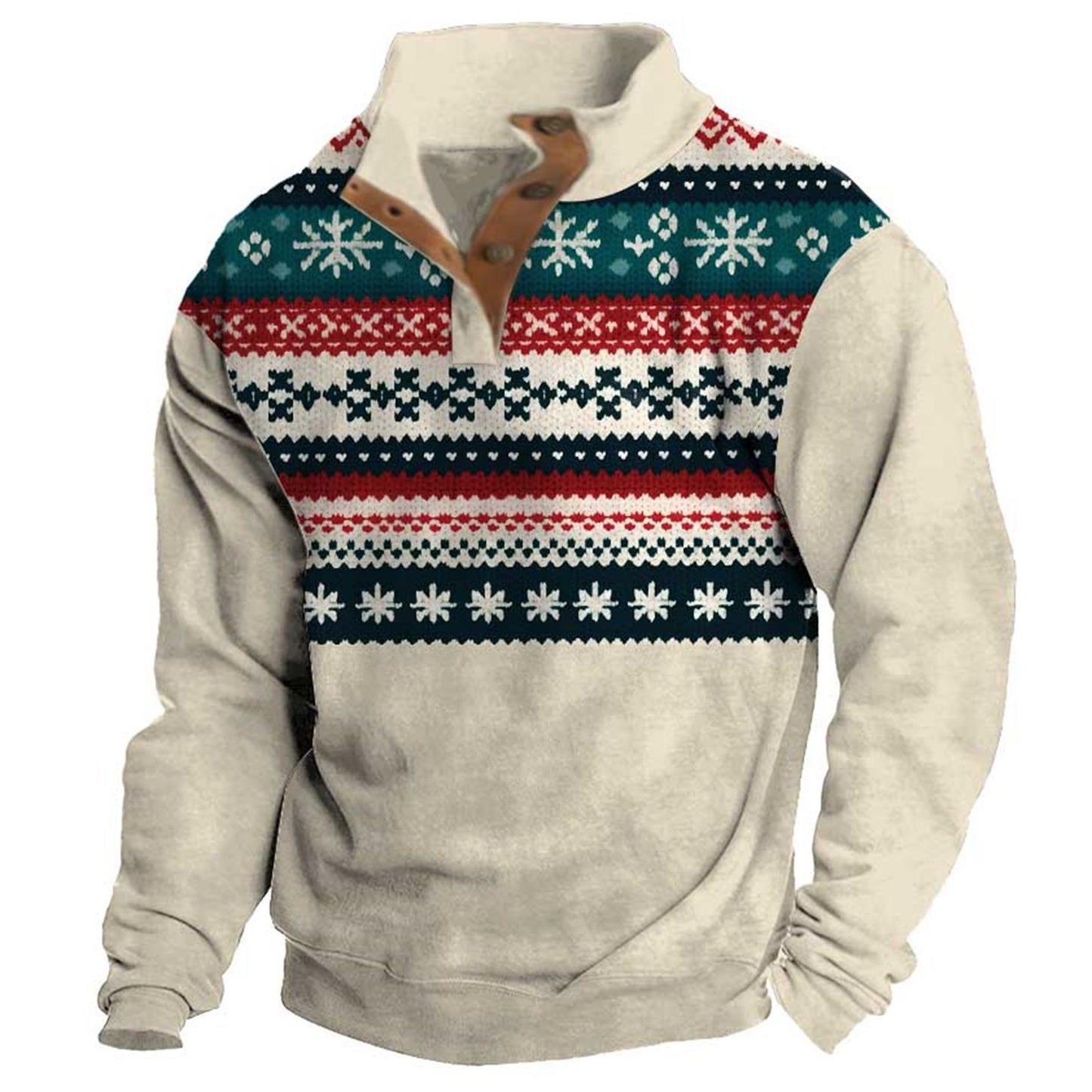 Men's Sweatshirt Christmas Stand Collar Buttons Daily Tops Beige