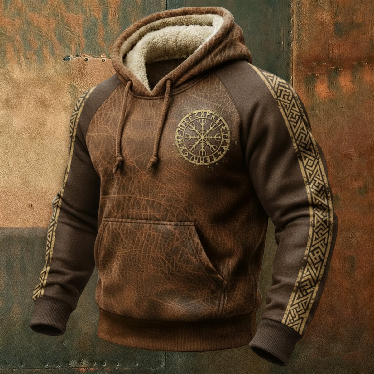 Retro Viking Hoodie with Fleece Collar and Nordic Celtic Vegvisir
