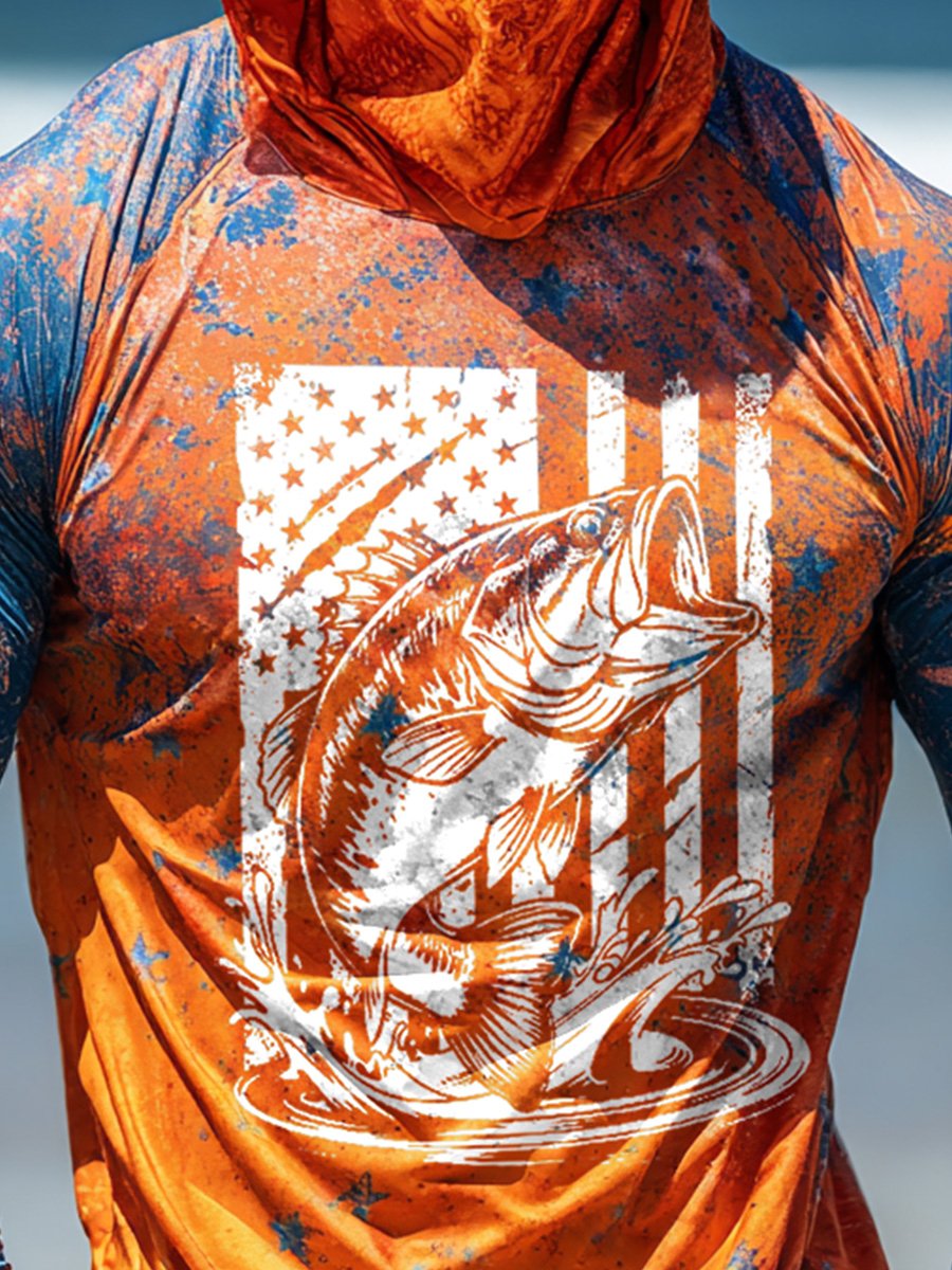 Men's Outdoor Sun Protection Breathable Cool Face Mask Hooded Printed Long-Sleeved Top