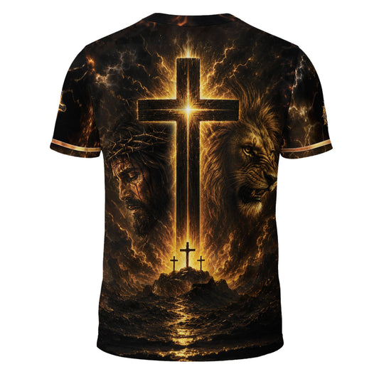 Faith Over Fear Lion Cross Warrior 3D Graphic Christian T Shirt Apparel Men Clothing