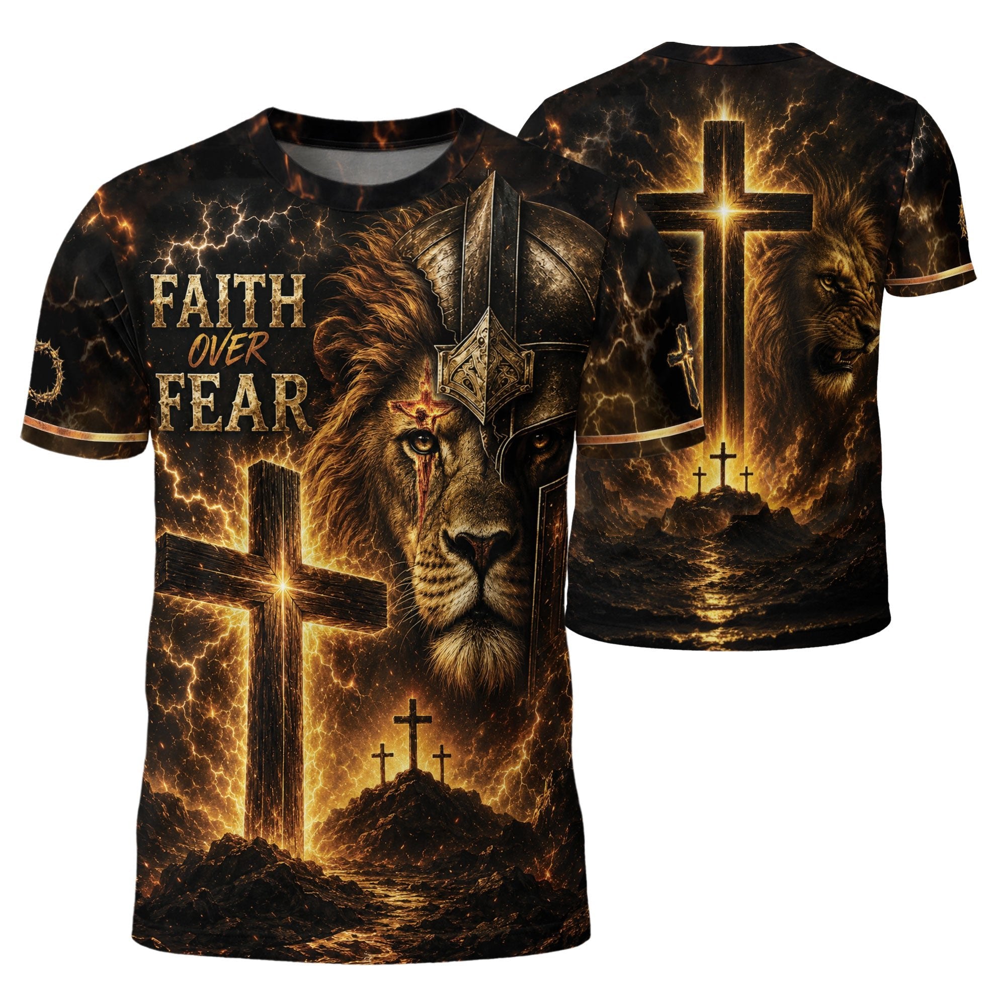 Faith Over Fear Lion Cross Warrior 3D Graphic Christian T Shirt Apparel Men Clothing