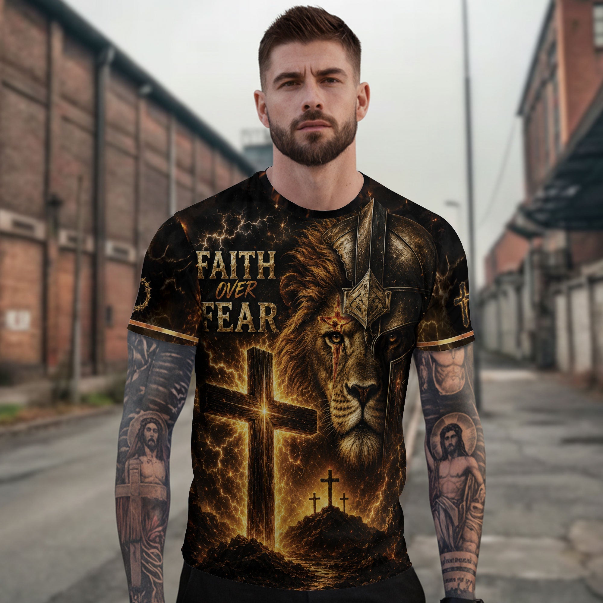 Faith Over Fear Lion Cross Warrior 3D Graphic Christian T Shirt Apparel Men Clothing