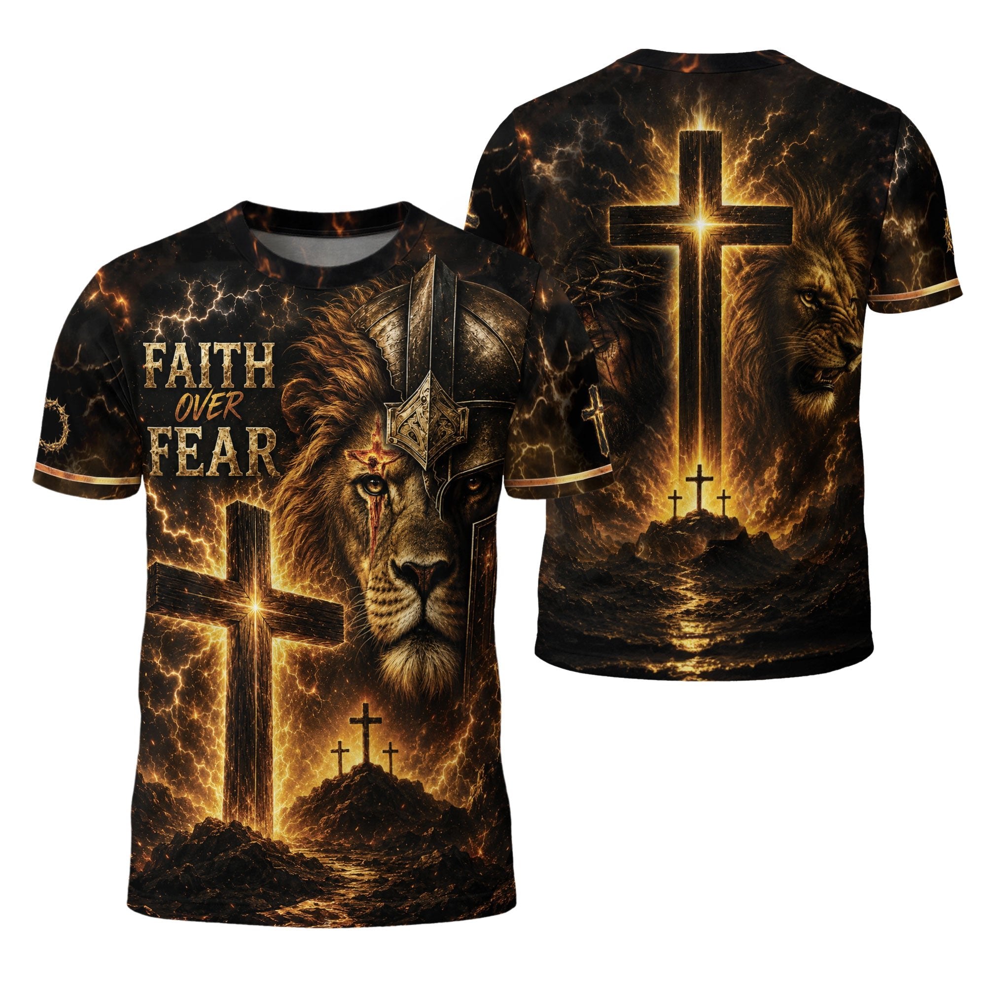 Faith Over Fear Lion Cross Warrior 3D Graphic Christian T Shirt Apparel Men Clothing