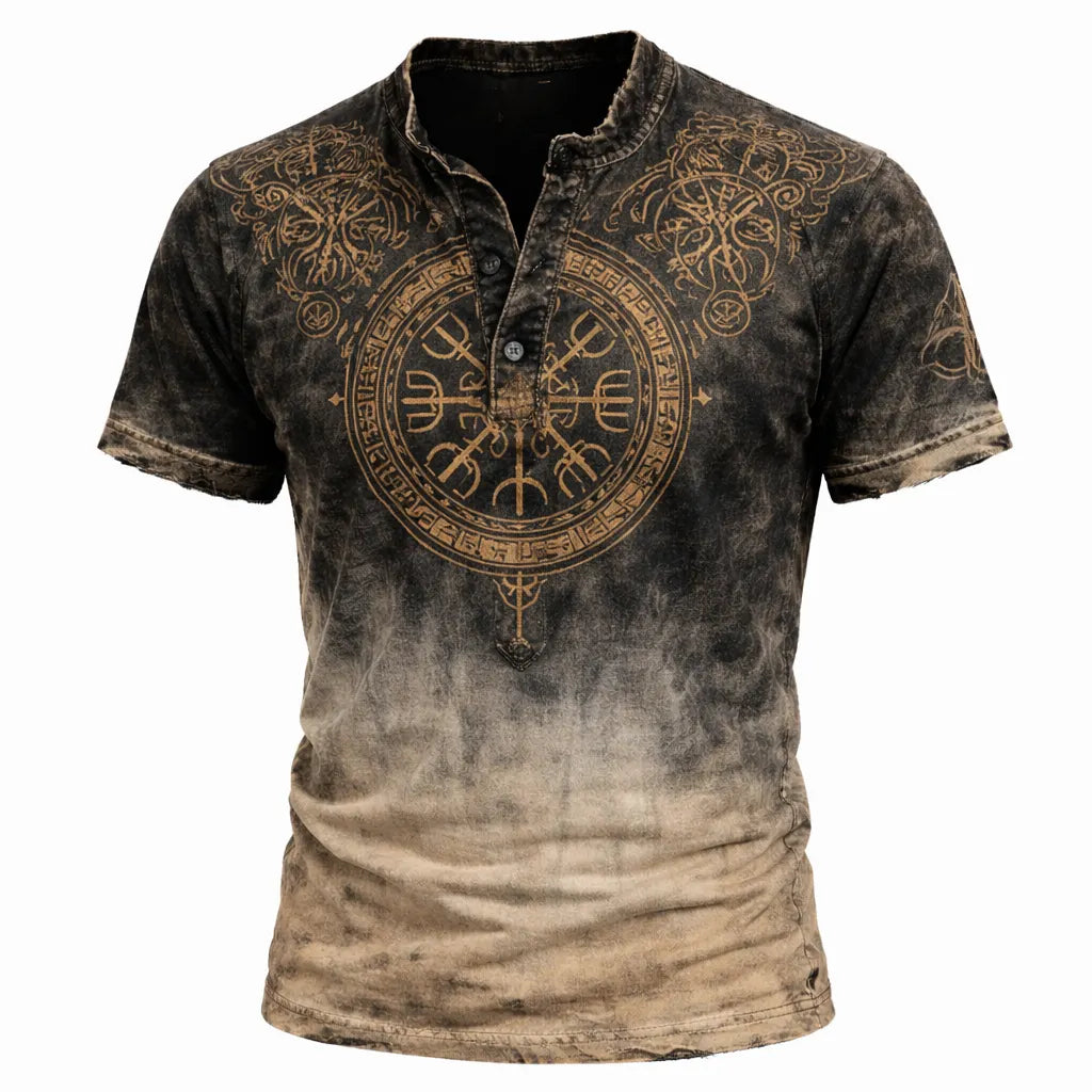 Men's Distressed Ombre Graphic Print Short Sleeve Henley Shirt - Vintage Casual Button Placket Tee