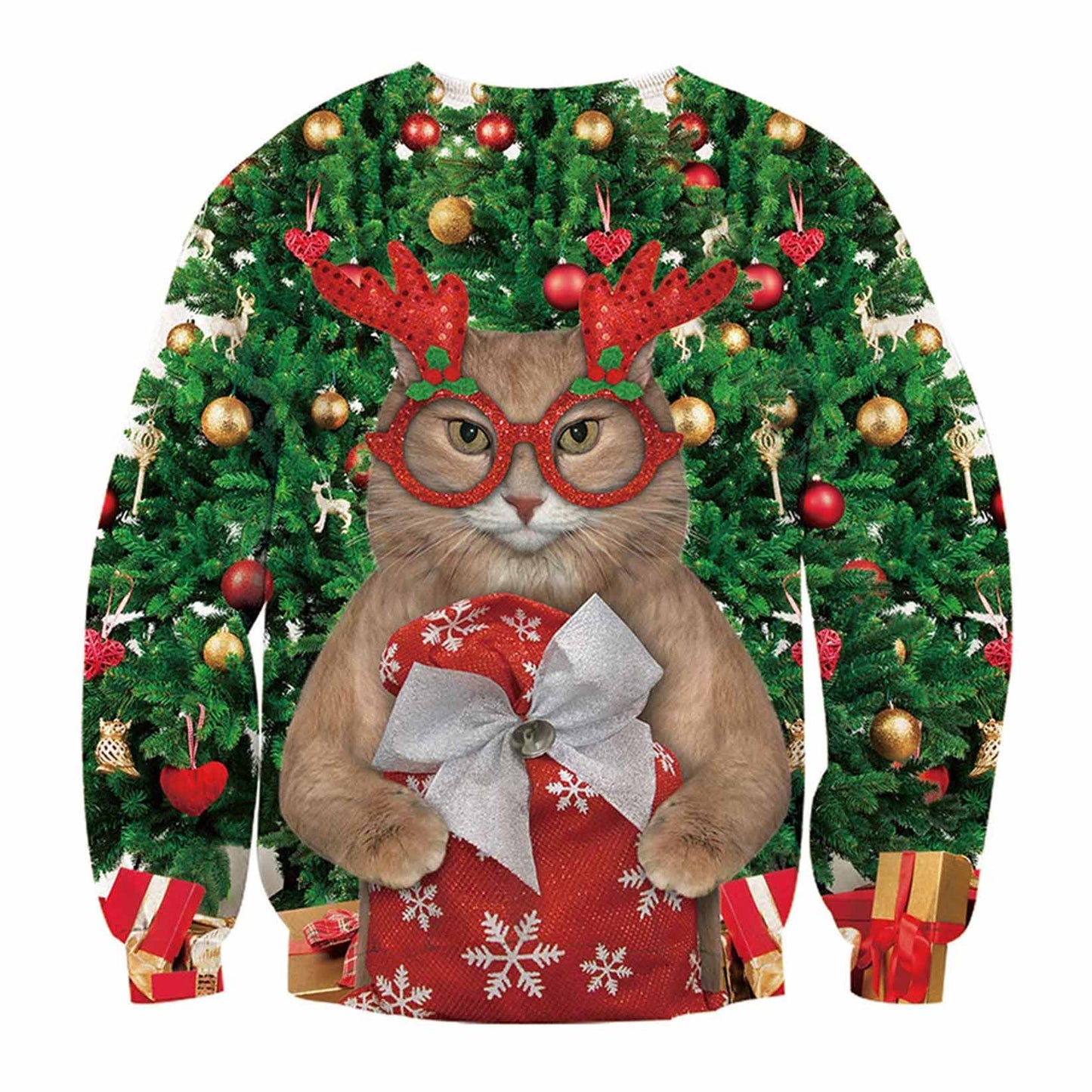 Unisex Cat With Glasses Print Crew Neck Ugly Christmas Sweatshirt