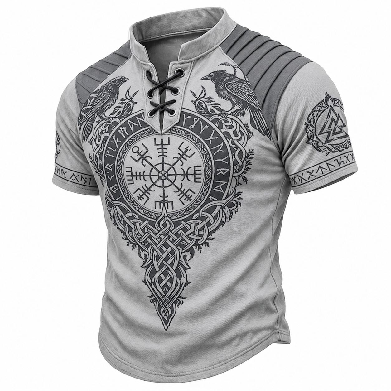 Men's Viking Graphic Lace-Up Henley Short Sleeve Shirt