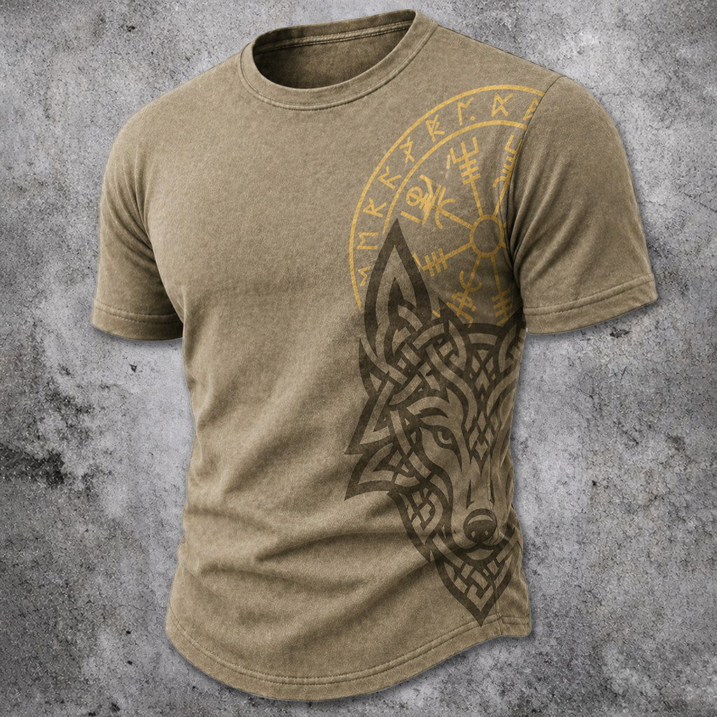 Men's Norse Wolf & Runic Circle Graphic T-Shirt - Khaki Vintage Short Sleeve Tee