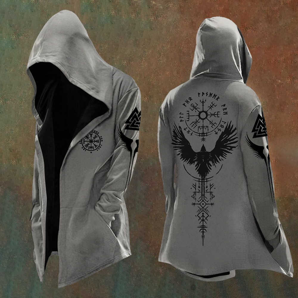 Men's Vikings Printed Raven Totem Vintage Hooded Jacket