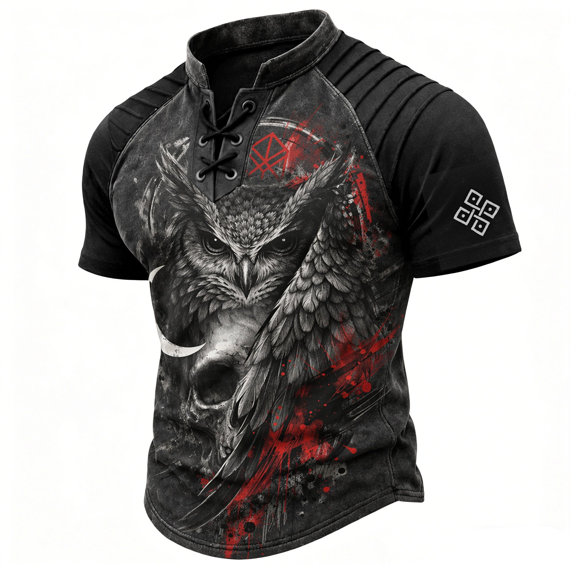Men's Gothic Owl Skull Print Lace-Up Henley T-Shirt - Distressed Short Sleeve Top