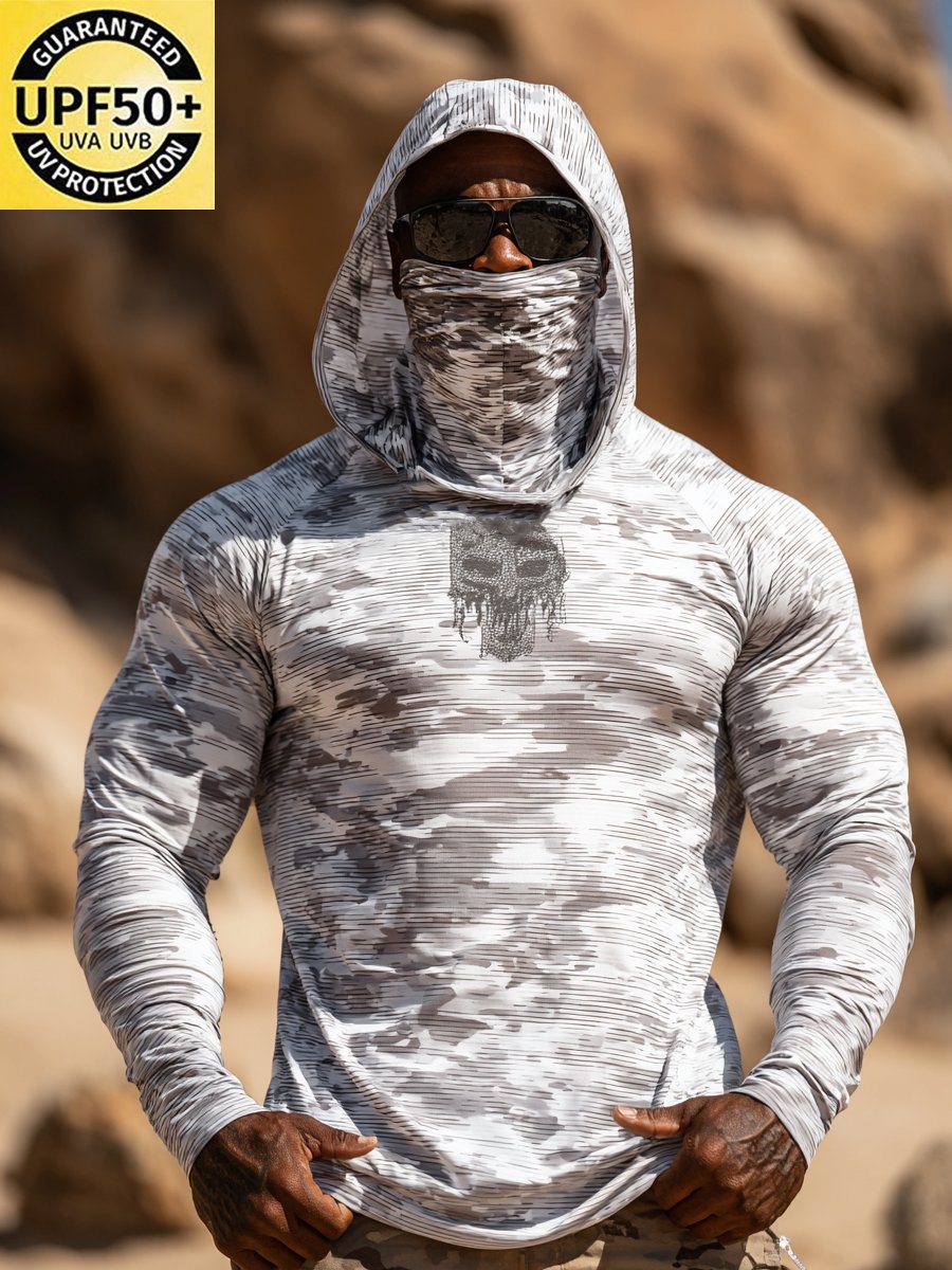 Men's Outdoor Sun Protection Breathable Cool Face Mask Hooded Printed Long-Sleeved Top