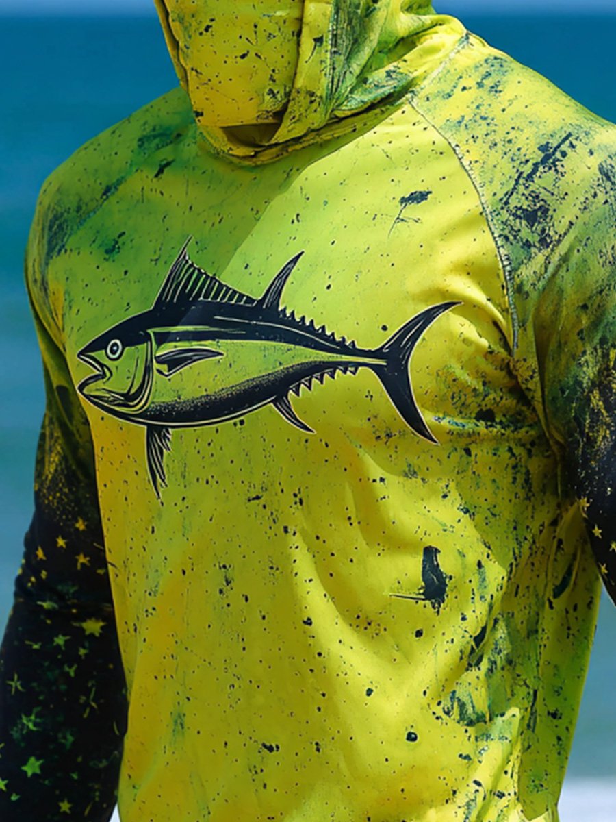 Men's Outdoor Sun Protection Breathable Cool Face Mask Hooded Printed Long-Sleeved Top