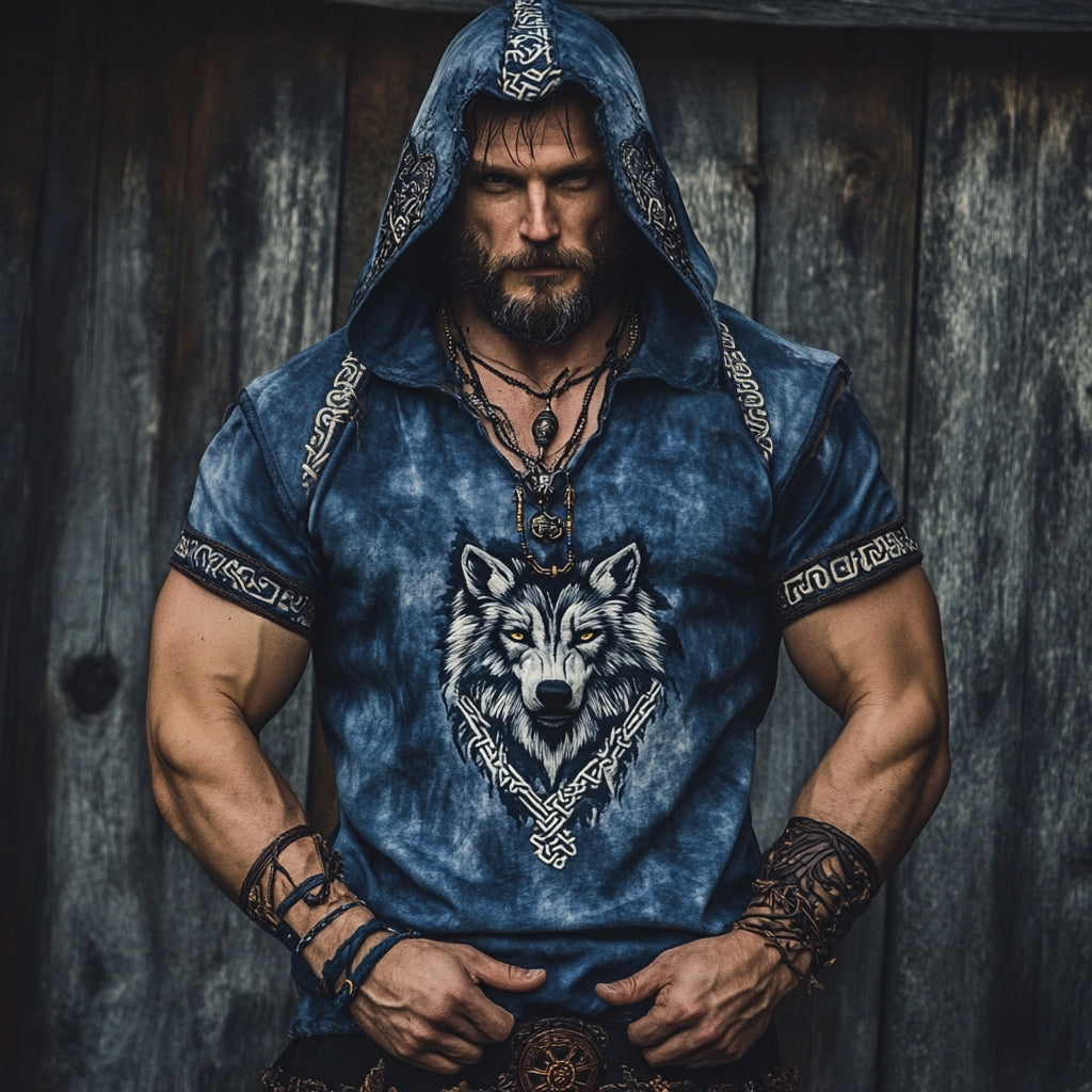 Men's Viking Wolf With Celtic Knot Art Tie-dye Retro Short Sleeve Hoodie