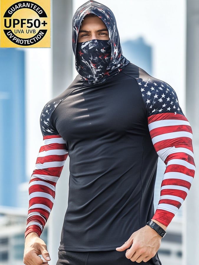 Men's Outdoor Sun Protection Breathable Cool Mask American Flag Print Hooded Sun Protection Long Sleeve Top