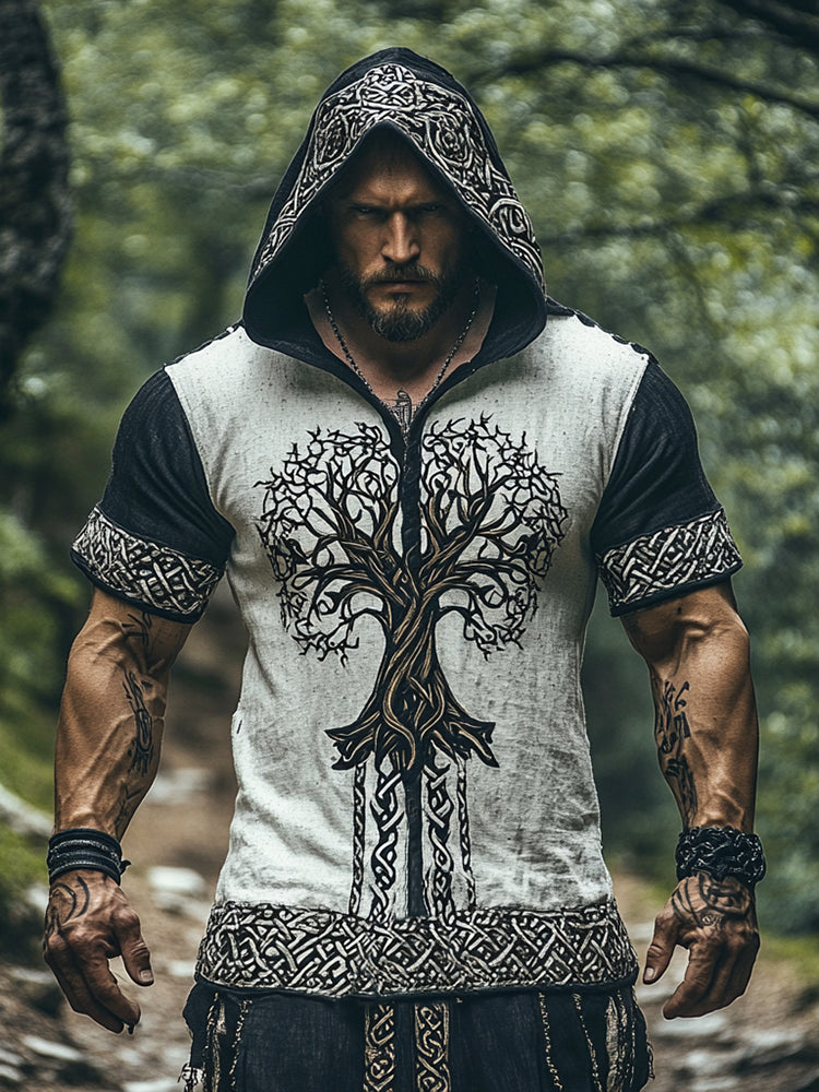 Men's Vintage Viking Tree Of Life Contrast Color Hooded T-shirt