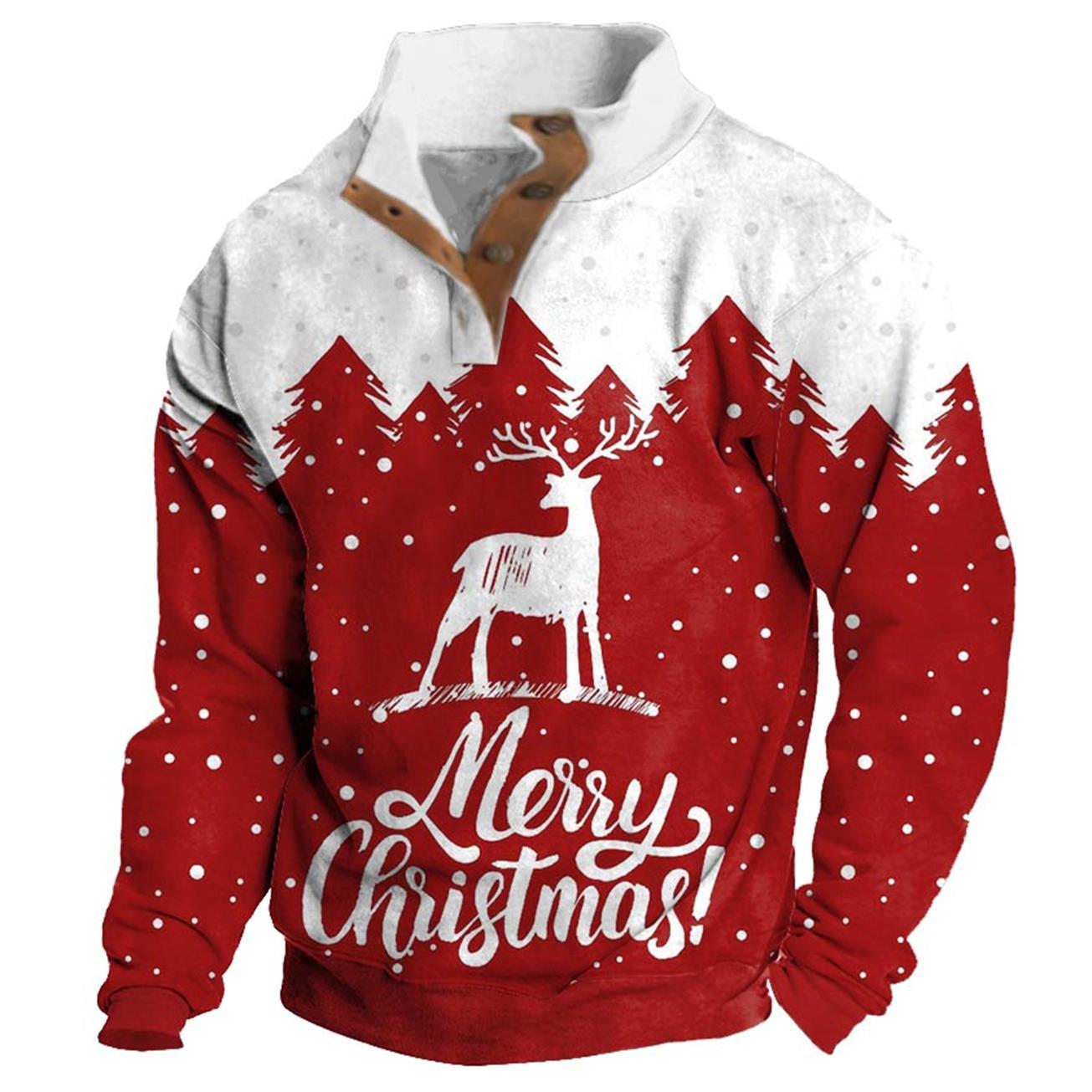 Men's Sweatshirt Merry Christmas Deer Buttons Stand Collar Daily Tops
