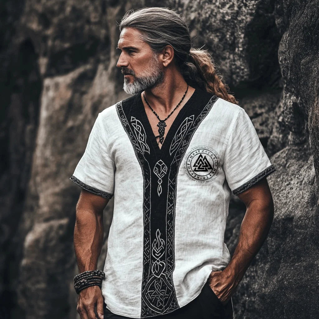 Men's Vintage Viking Inspired Contrast Linen T Shirt
