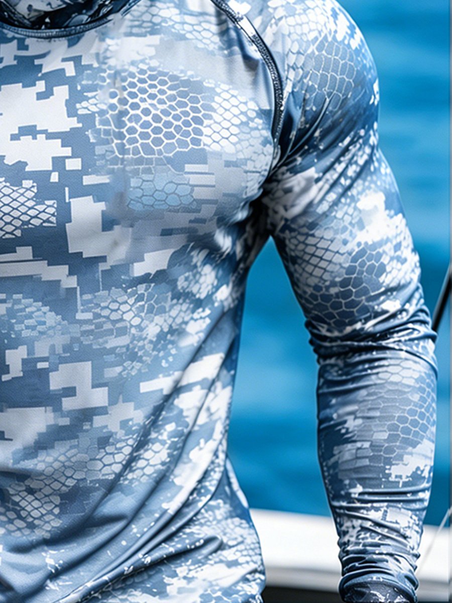 Men's Outdoor Sun Protection Breathable Cool Face Mask Hooded Printed Long-Sleeved Top