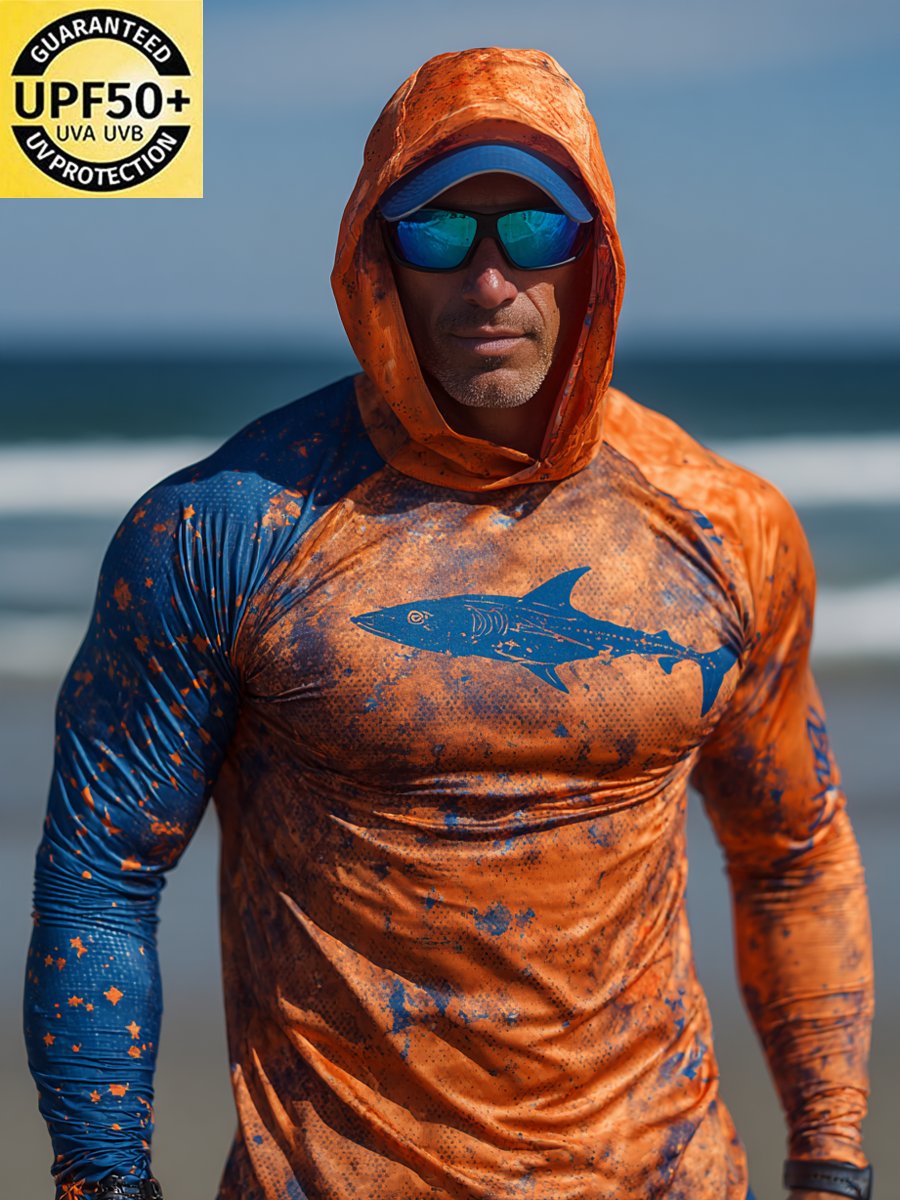 Men's Outdoor Sun Protection Breathable Cool Face Mask Hooded Printed Long-Sleeved Top