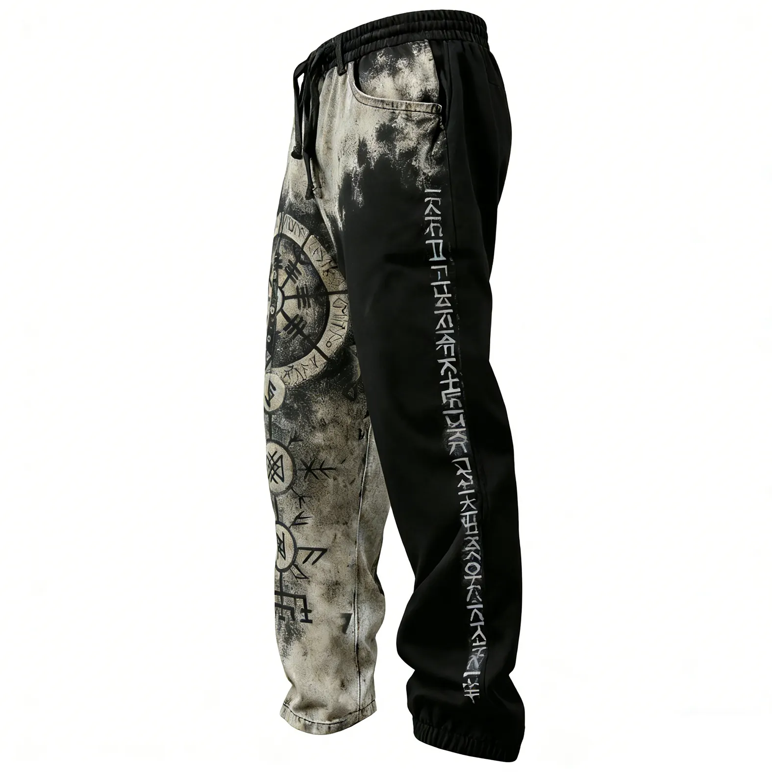 Viking Retro Rune Vintage Washed Printed Street Trousers