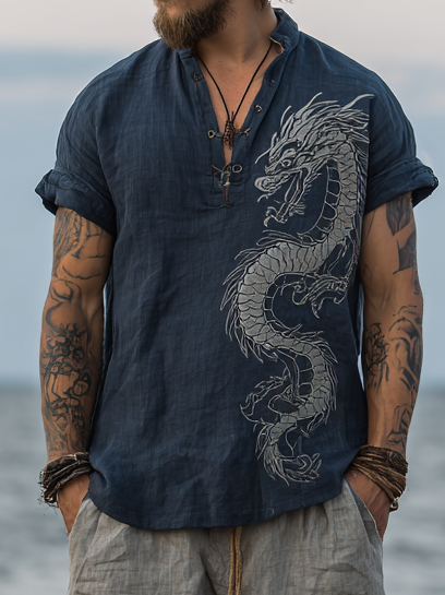 Men's Vintage Viking Retro Distressed Linen Shirt – Dragon & Rune Design