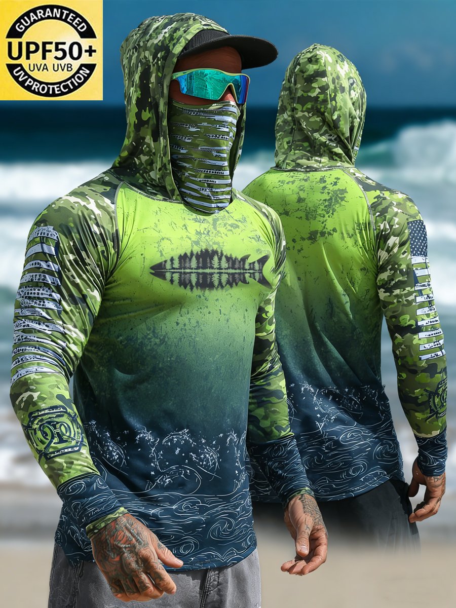 Men's Outdoor Sun Protection Breathable Cool Face Mask Hooded Printed Long-Sleeved Top