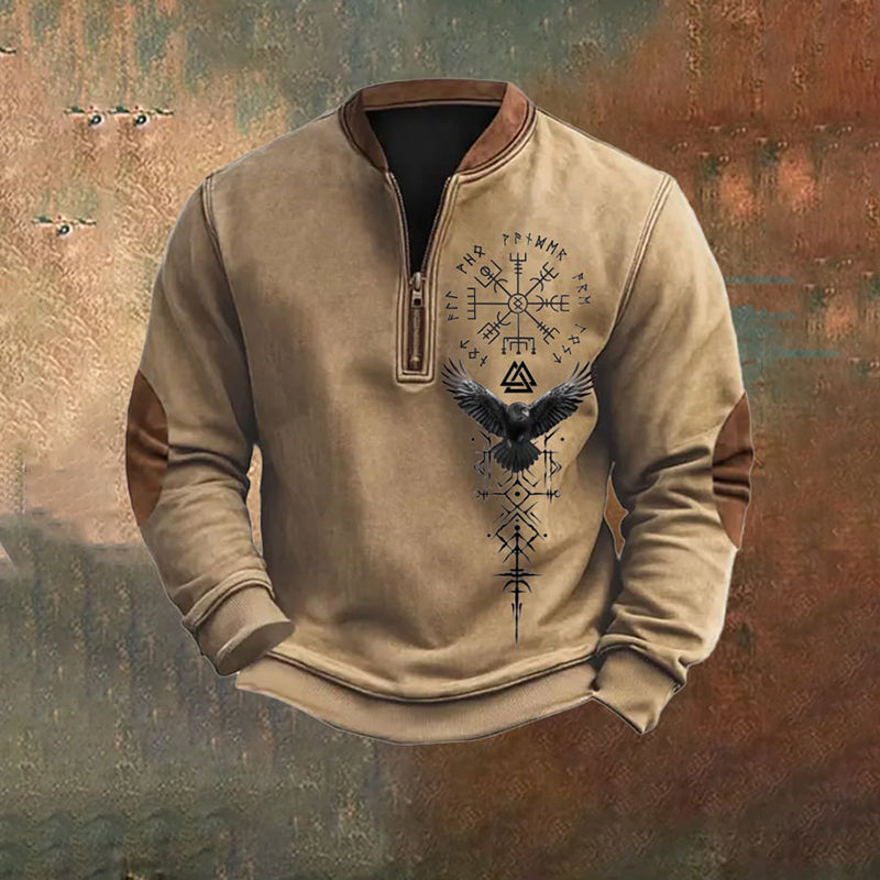 Men's Vintage Viking Print Zip-Up Collar Sweatshirt